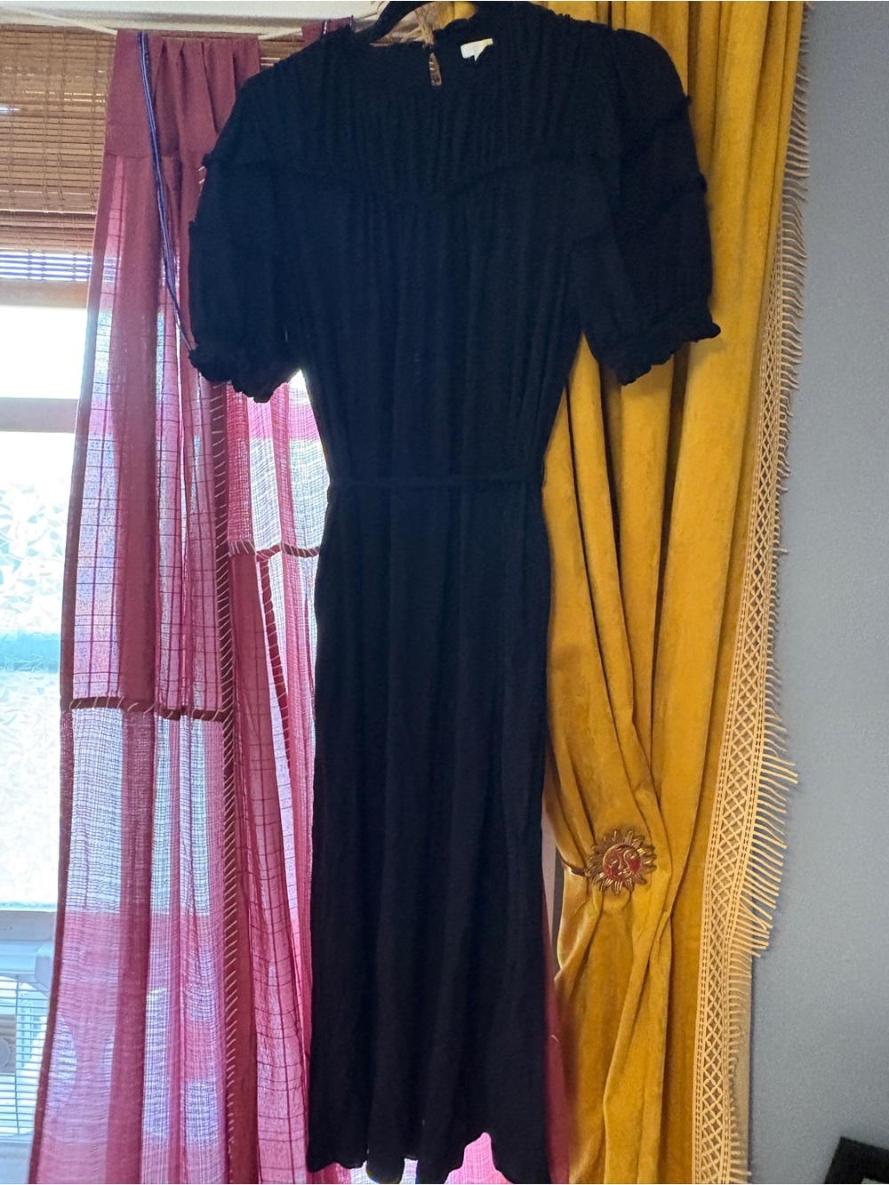 Boden Black Maxi Dress with Puff Sleeves and Gathered Yoke